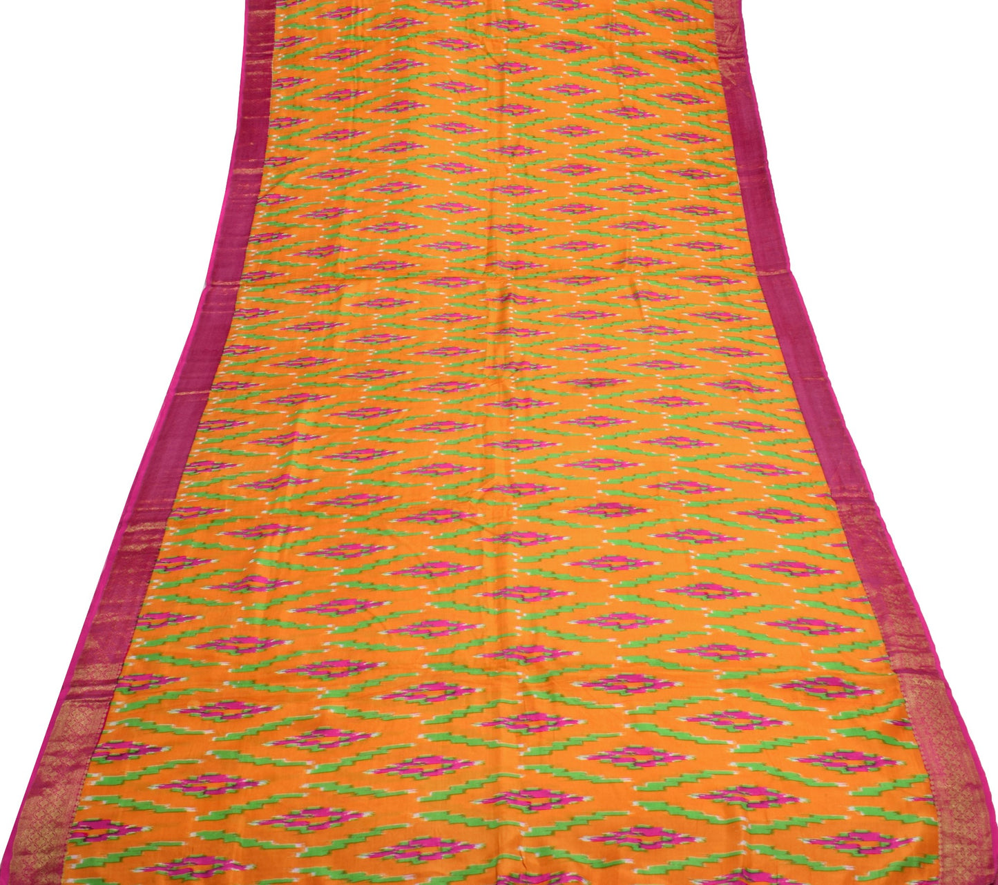 Sushila Vintage Orange Saree  Pure Silk Ikat Print Woven Border Soft Sari Fabric