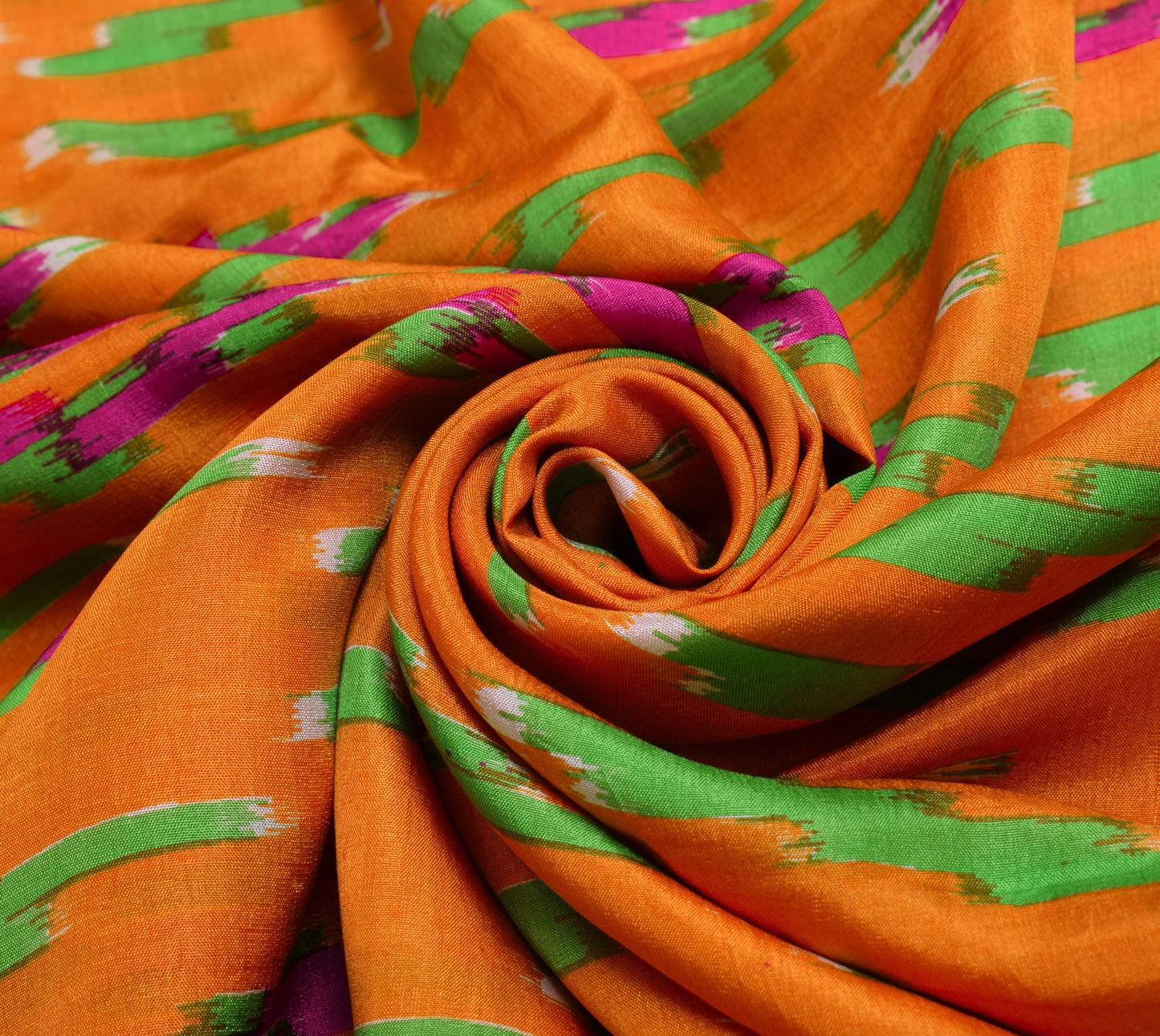 Sushila Vintage Orange Saree  Pure Silk Ikat Print Woven Border Soft Sari Fabric