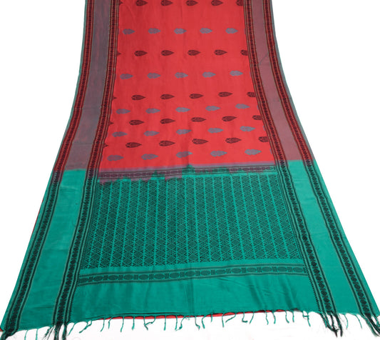 Sushila Vintage Red Saree Woven border Rudraksh motifs Pure Cotton Sari Fabric