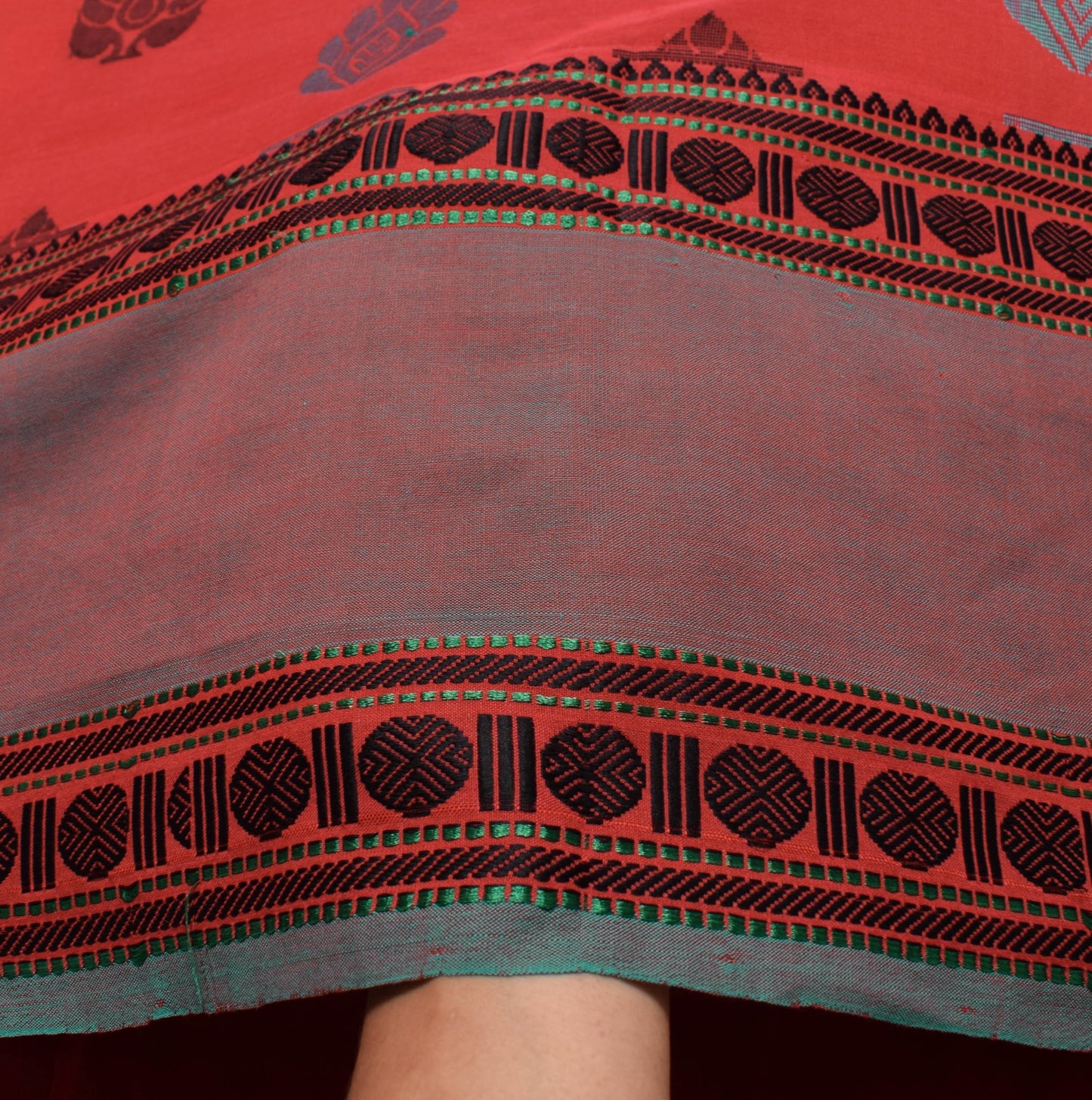 Sushila Vintage Red Saree Woven border Rudraksh motifs Pure Cotton Sari Fabric