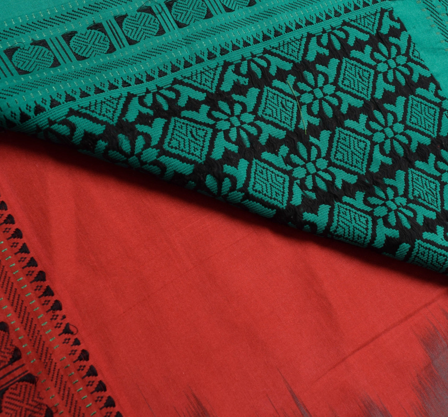 Sushila Vintage Red Saree Woven border Rudraksh motifs Pure Cotton Sari Fabric