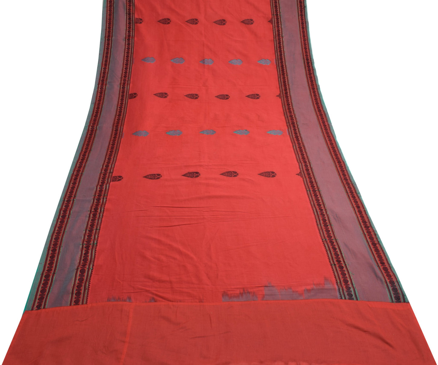 Sushila Vintage Red Saree Woven border Rudraksh motifs Pure Cotton Sari Fabric