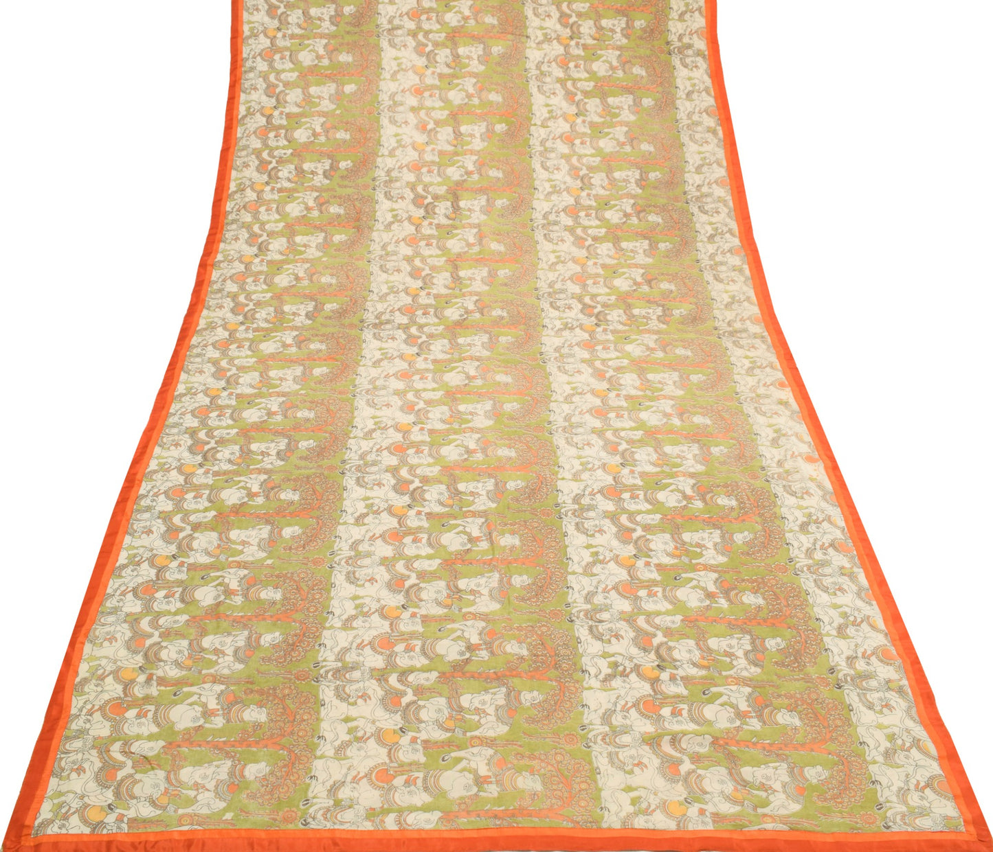 Sushila Vintage Green Saree Handmade kalamkari Animal Printed Soft Sari Fabric
