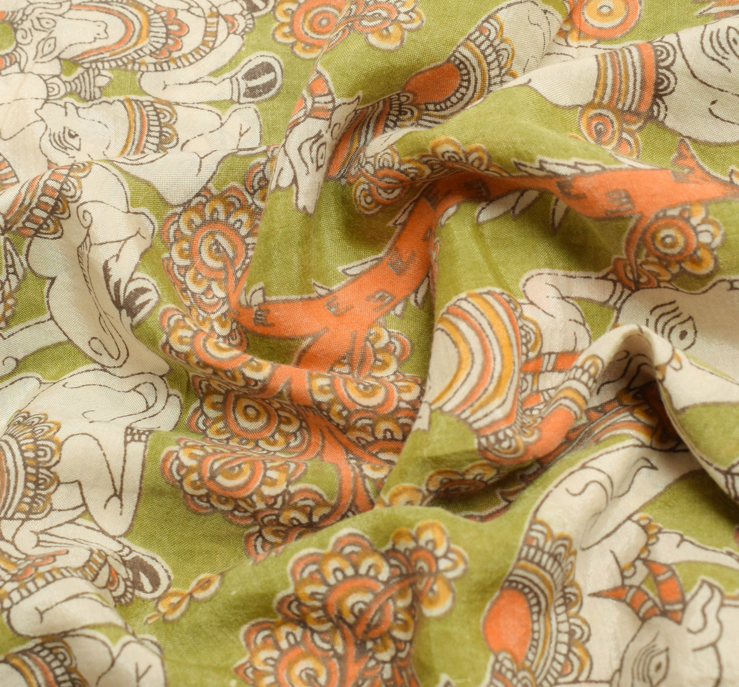 Sushila Vintage Green Saree Handmade kalamkari Animal Printed Soft Sari Fabric