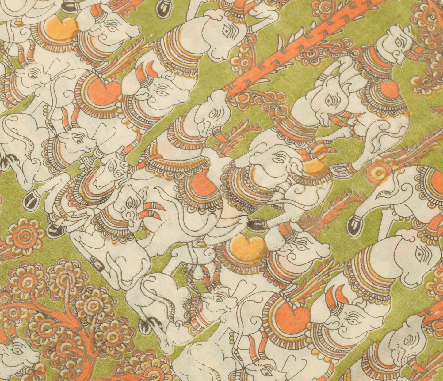 Sushila Vintage Green Saree Handmade kalamkari Animal Printed Soft Sari Fabric