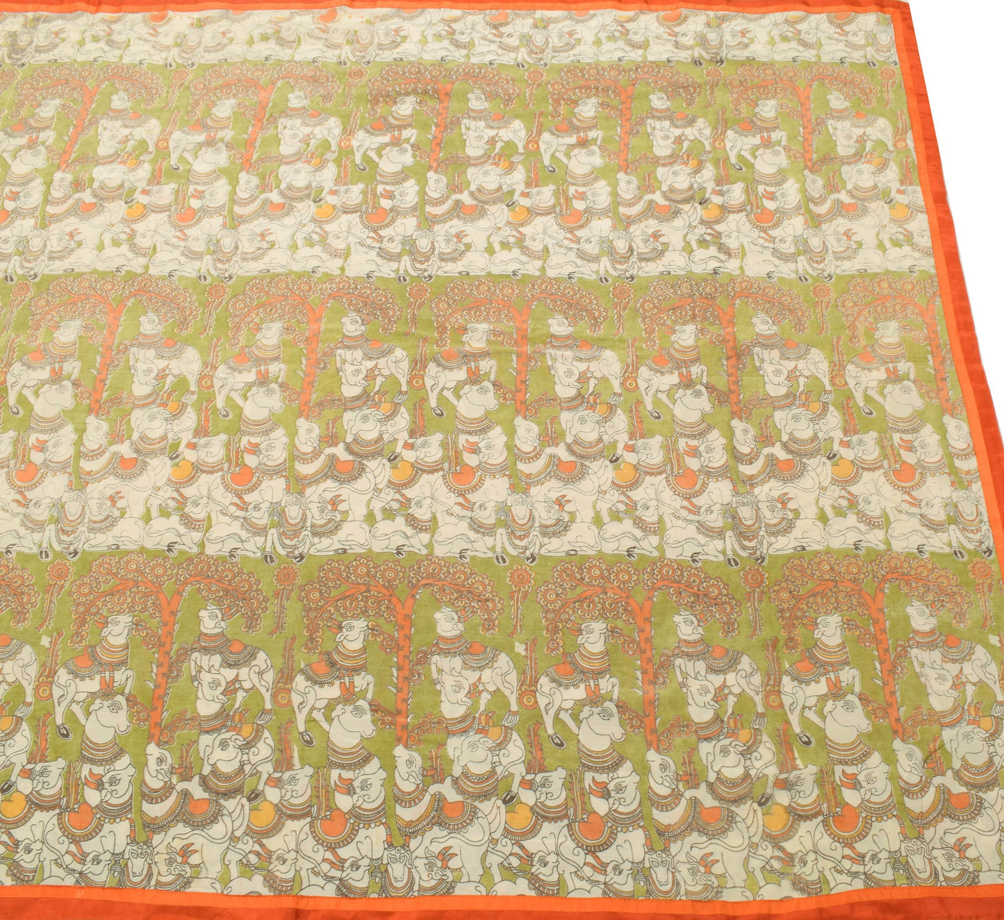 Sushila Vintage Green Saree Handmade kalamkari Animal Printed Soft Sari Fabric