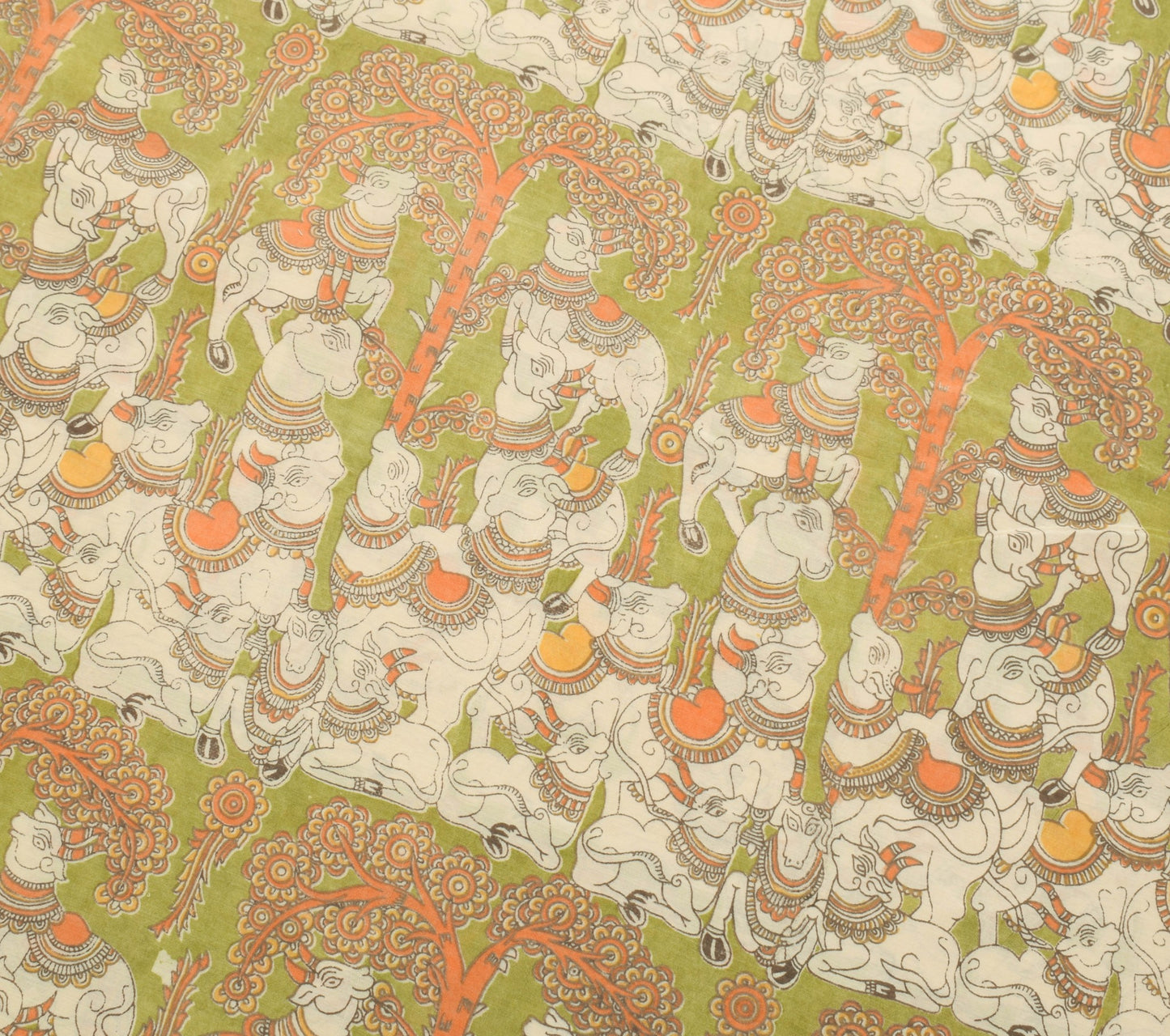 Sushila Vintage Green Saree Handmade kalamkari Animal Printed Soft Sari Fabric