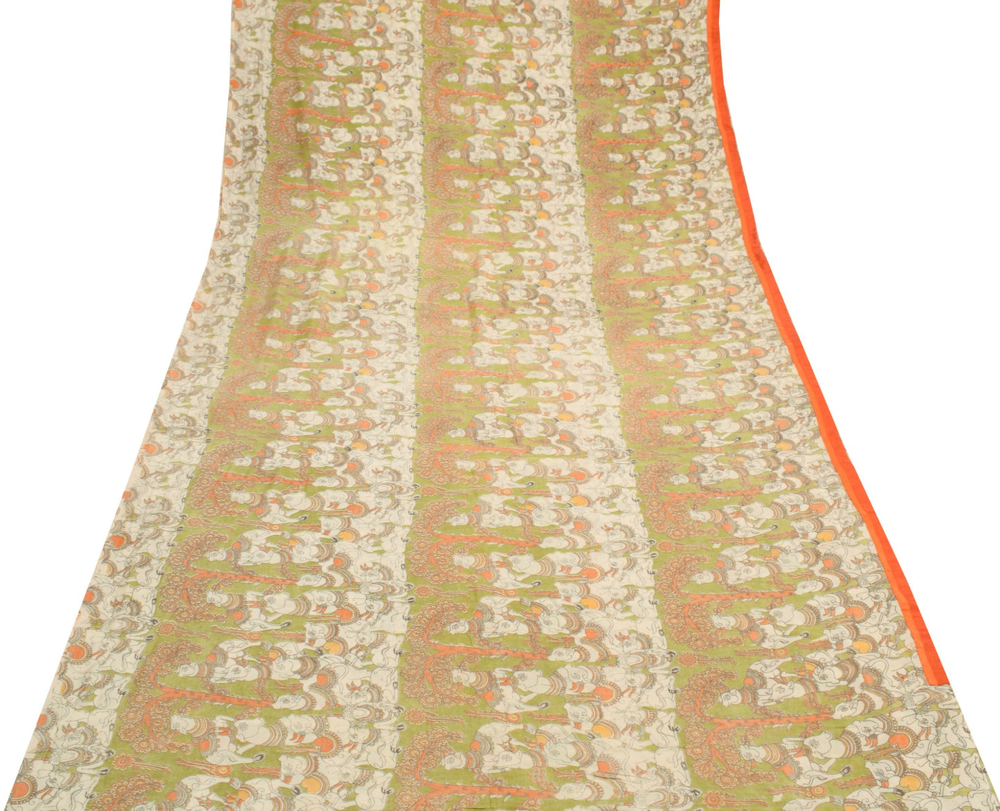 Sushila Vintage Green Saree Handmade kalamkari Animal Printed Soft Sari Fabric