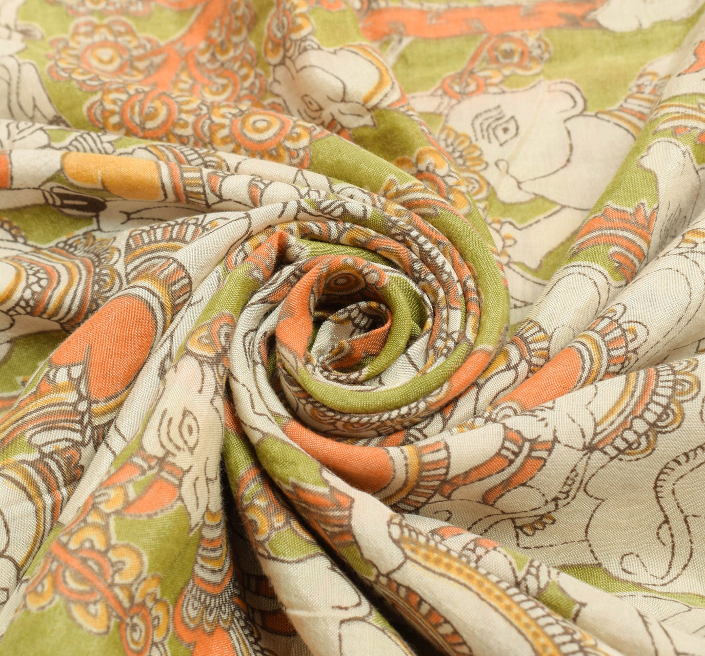 Sushila Vintage Green Saree Handmade kalamkari Animal Printed Soft Sari Fabric