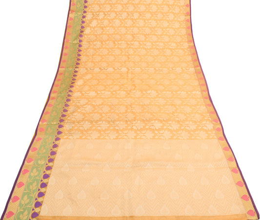 Sushila Vintage Peach Indian Saree Art Cotton Woven Floral Sari Craft Fabric