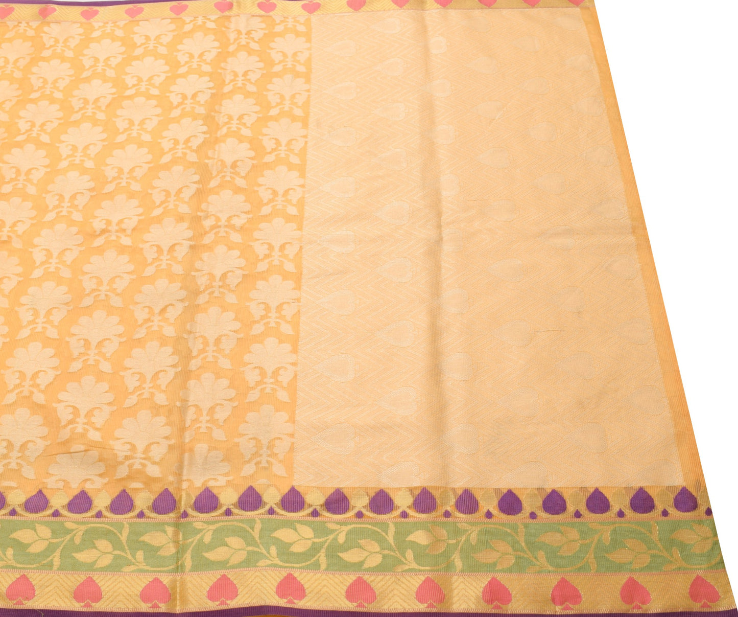 Sushila Vintage Peach Indian Saree Art Cotton Woven Floral Sari Craft Fabric