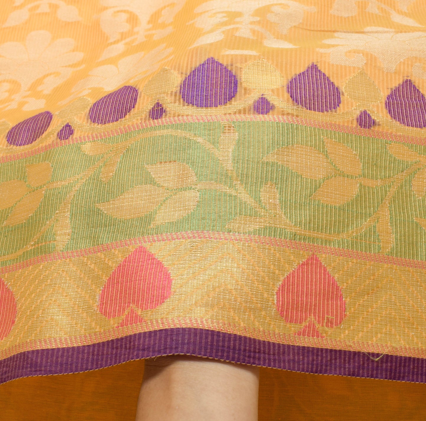 Sushila Vintage Peach Indian Saree Art Cotton Woven Floral Sari Craft Fabric