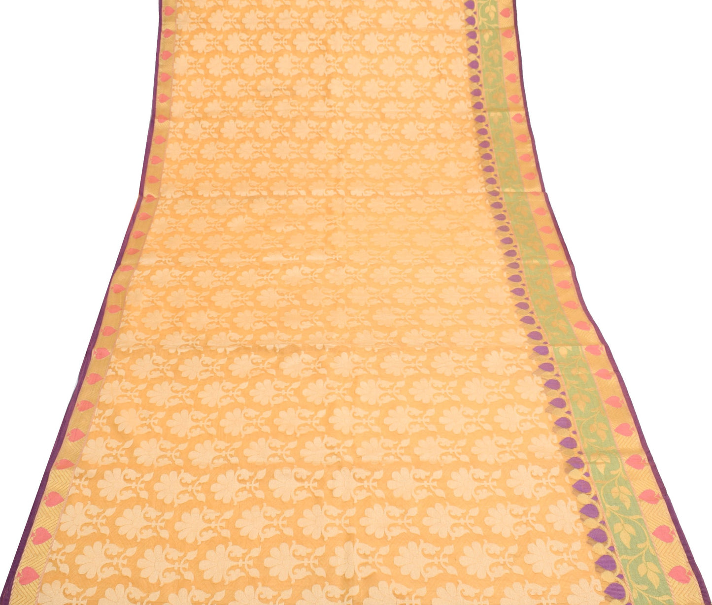 Sushila Vintage Peach Indian Saree Art Cotton Woven Floral Sari Craft Fabric