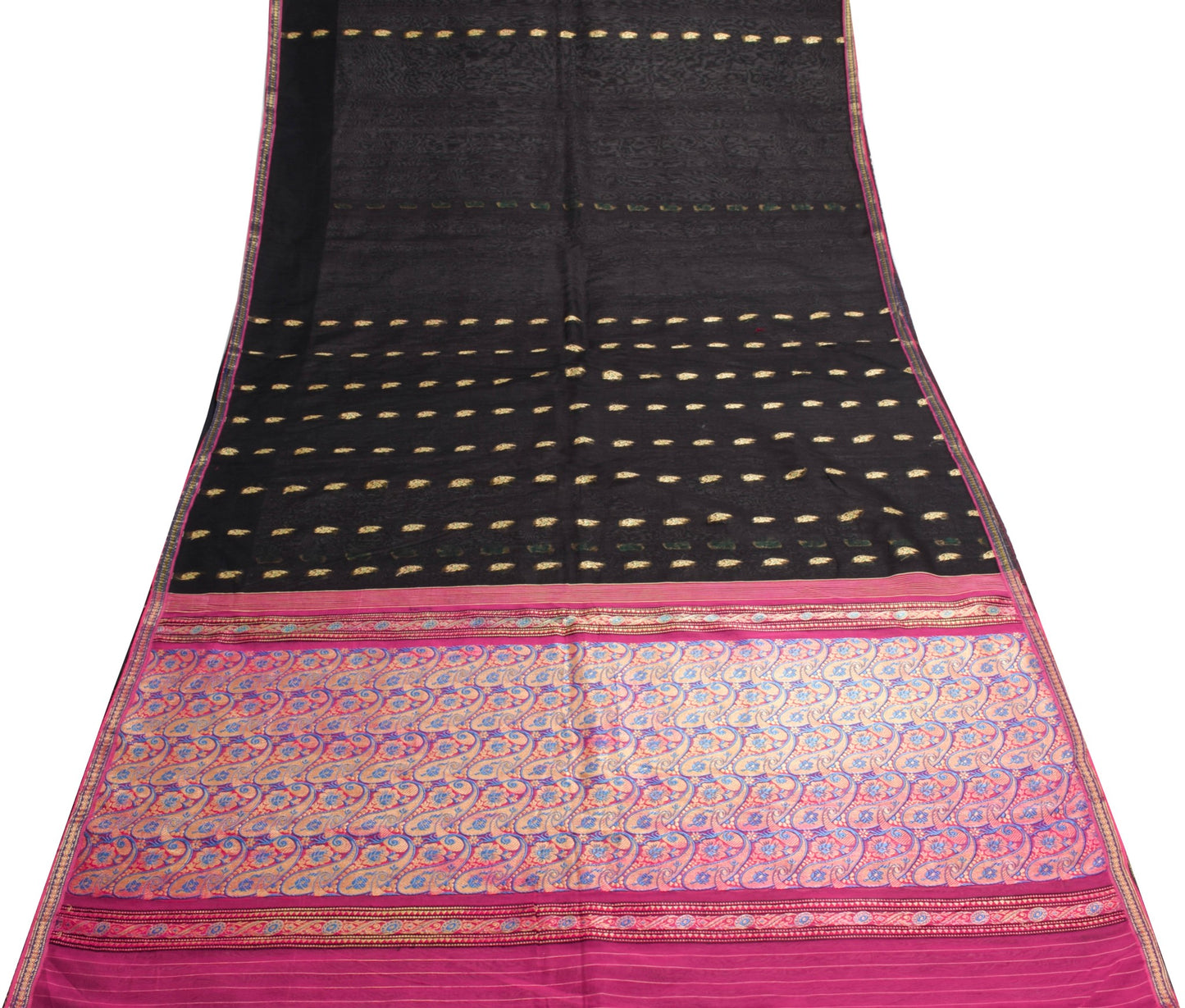Sushila Vintage Black Classy Saree 100% Pure Cotton Silk Flora Woven Sari Fabric