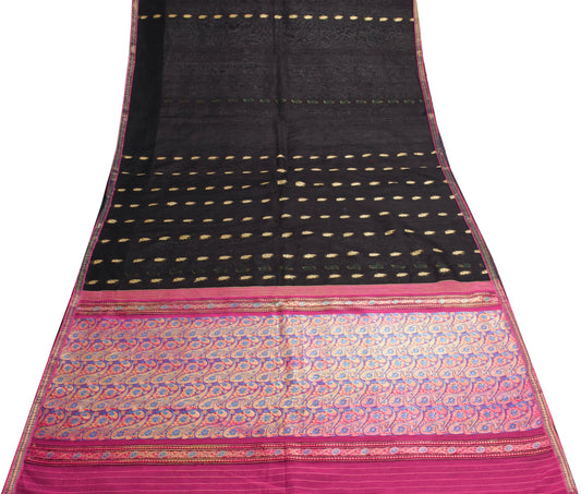 Sushila Vintage Black Classy Saree 100% Pure Cotton Silk Flora Woven Sari Fabric