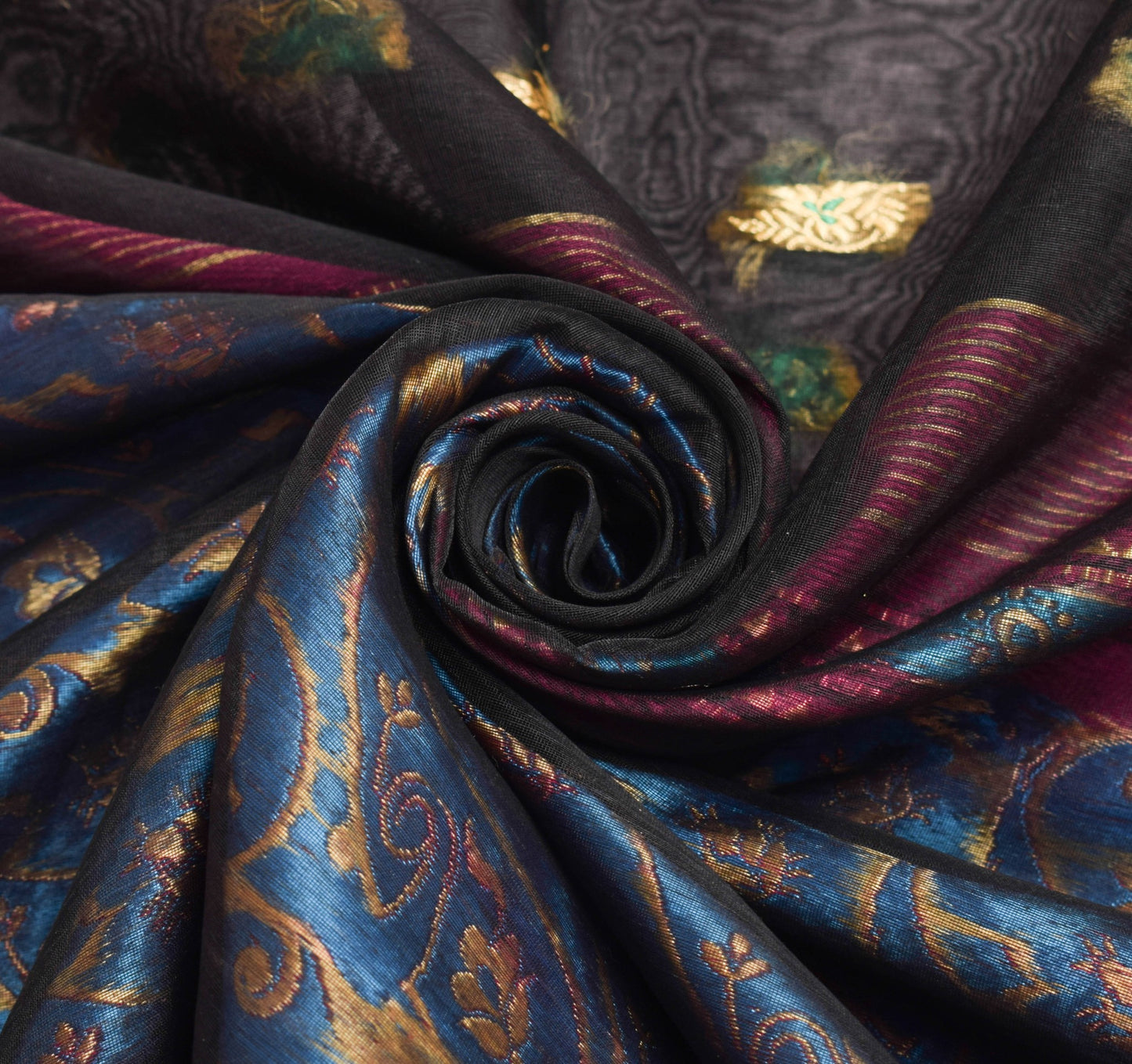 Sushila Vintage Black Classy Saree 100% Pure Cotton Silk Flora Woven Sari Fabric