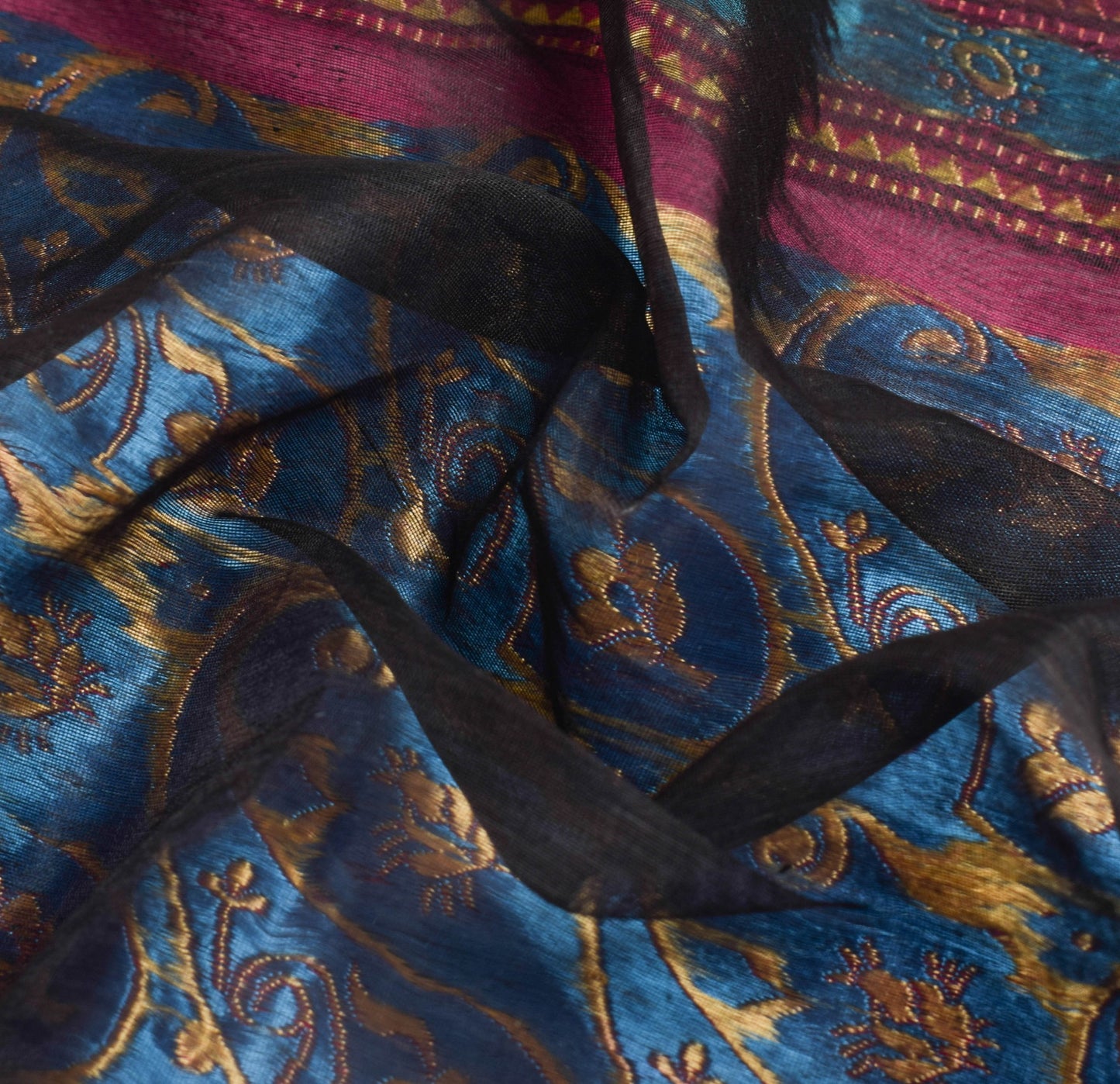 Sushila Vintage Black Classy Saree 100% Pure Cotton Silk Flora Woven Sari Fabric