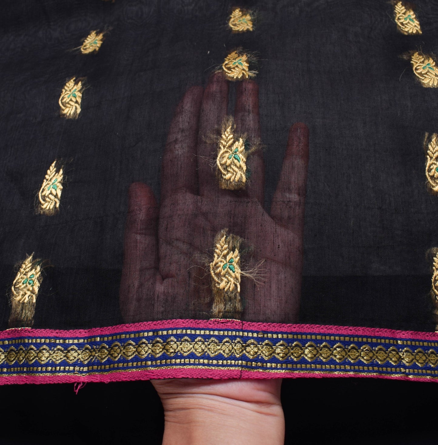 Sushila Vintage Black Classy Saree 100% Pure Cotton Silk Flora Woven Sari Fabric