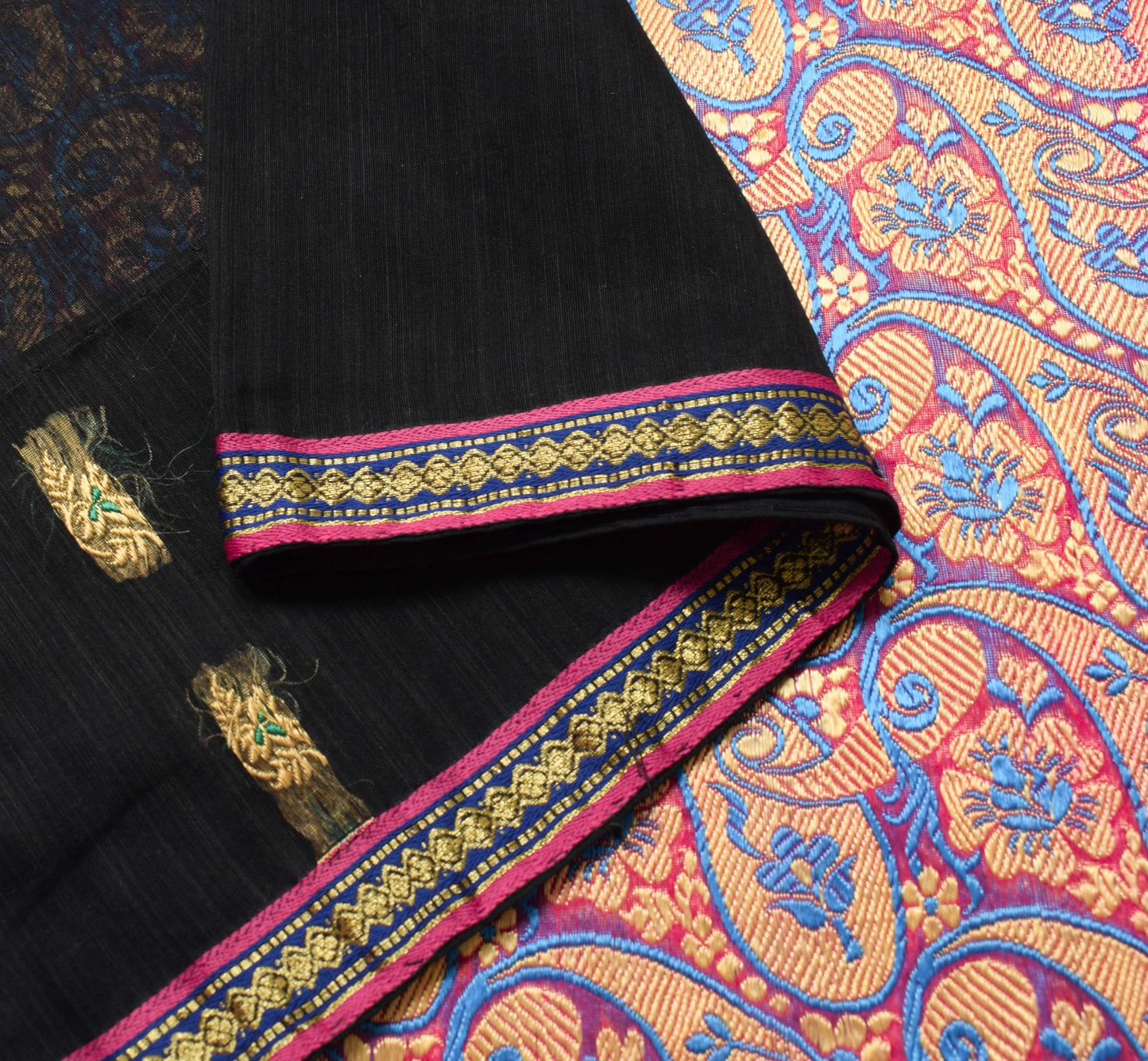Sushila Vintage Black Classy Saree 100% Pure Cotton Silk Flora Woven Sari Fabric