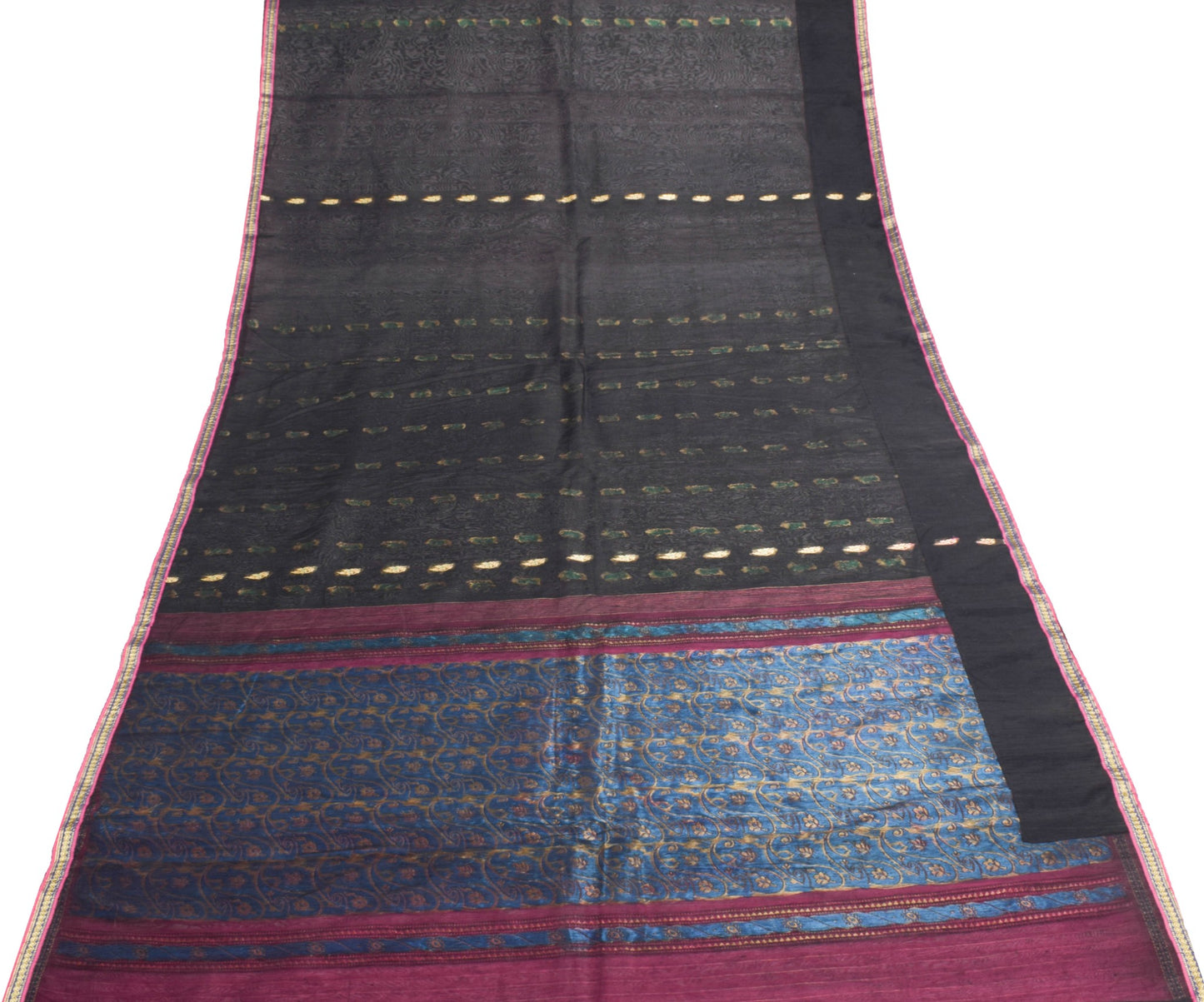 Sushila Vintage Black Classy Saree 100% Pure Cotton Silk Flora Woven Sari Fabric