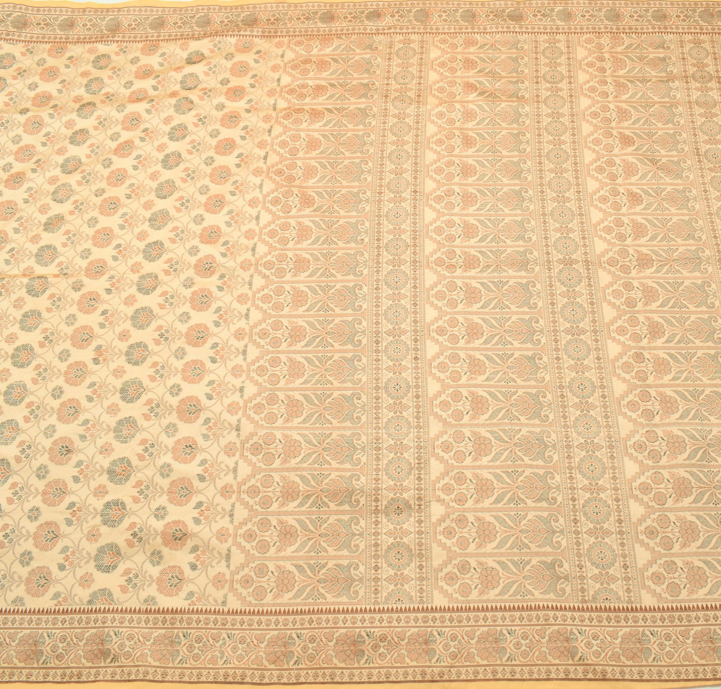 Sushila Vintage Beige Saree Art Silk All Over Woven Floral Classy Sari Fabric