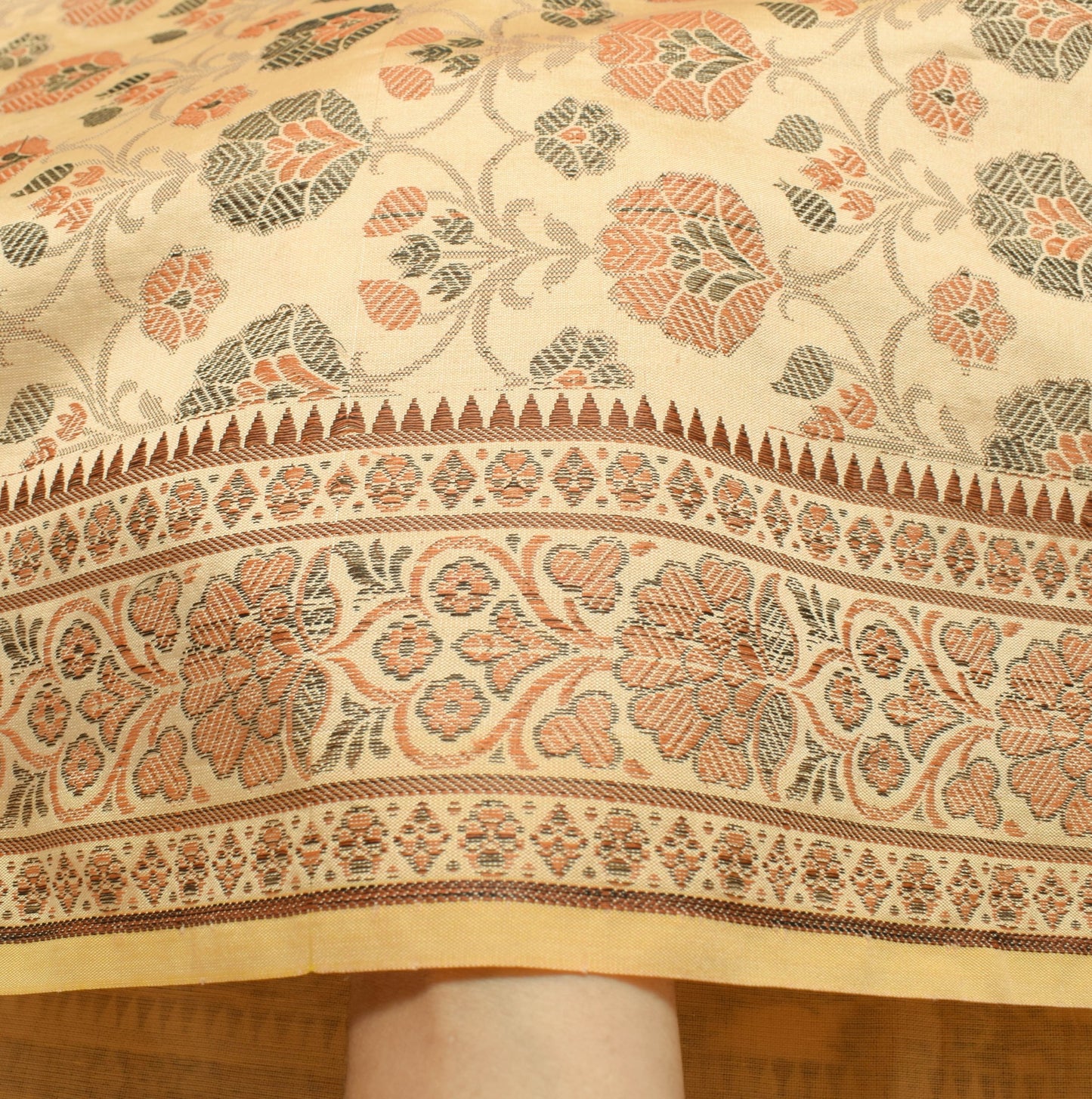 Sushila Vintage Beige Saree Art Silk All Over Woven Floral Classy Sari Fabric