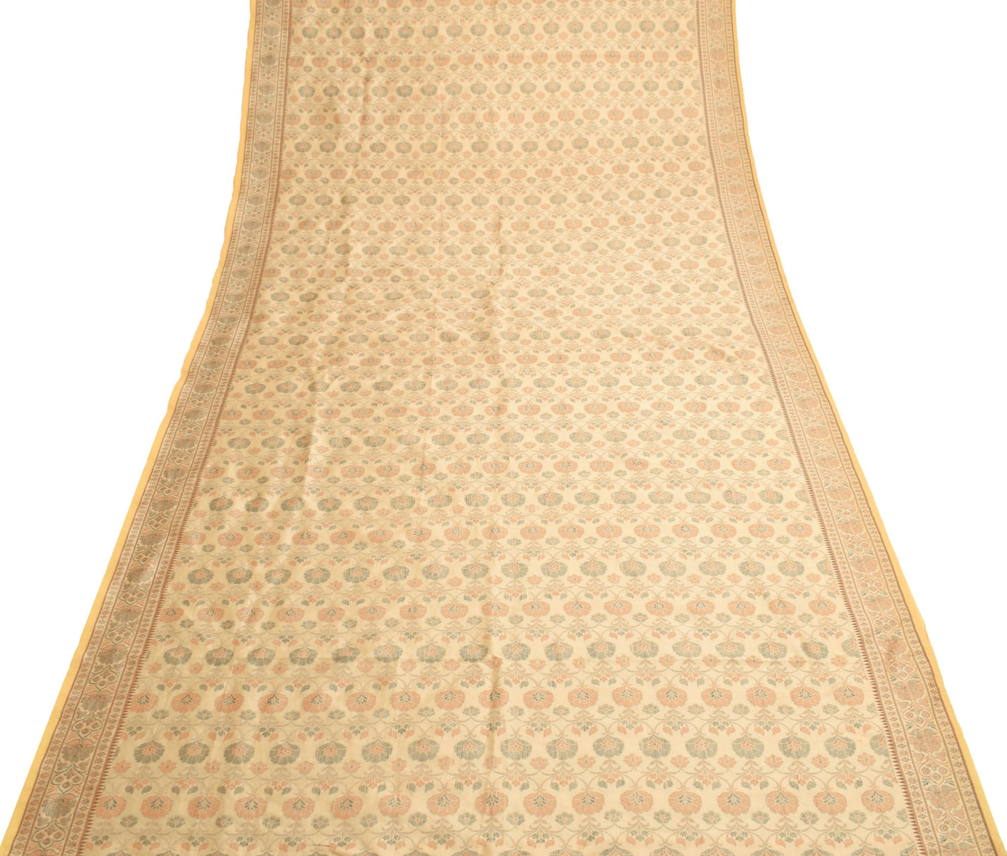 Sushila Vintage Beige Saree Art Silk All Over Woven Floral Classy Sari Fabric
