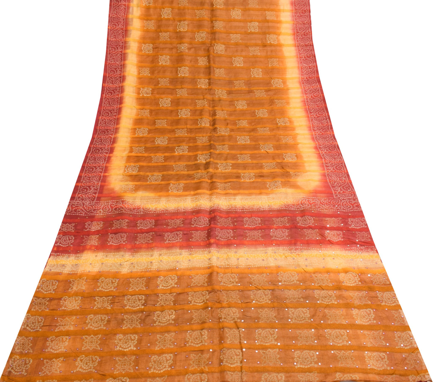 Sushila Vintage Rust Saree 100% Pure Silk Bandhani Mirror Work Sari Craft Fabric