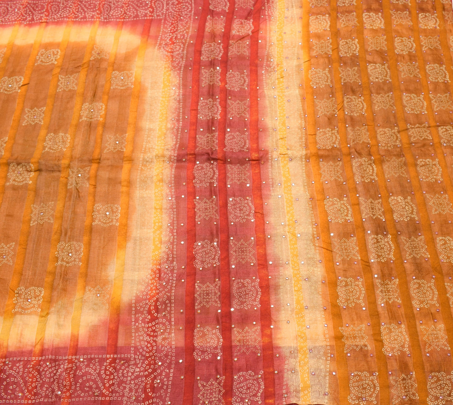 Sushila Vintage Rust Saree 100% Pure Silk Bandhani Mirror Work Sari Craft Fabric