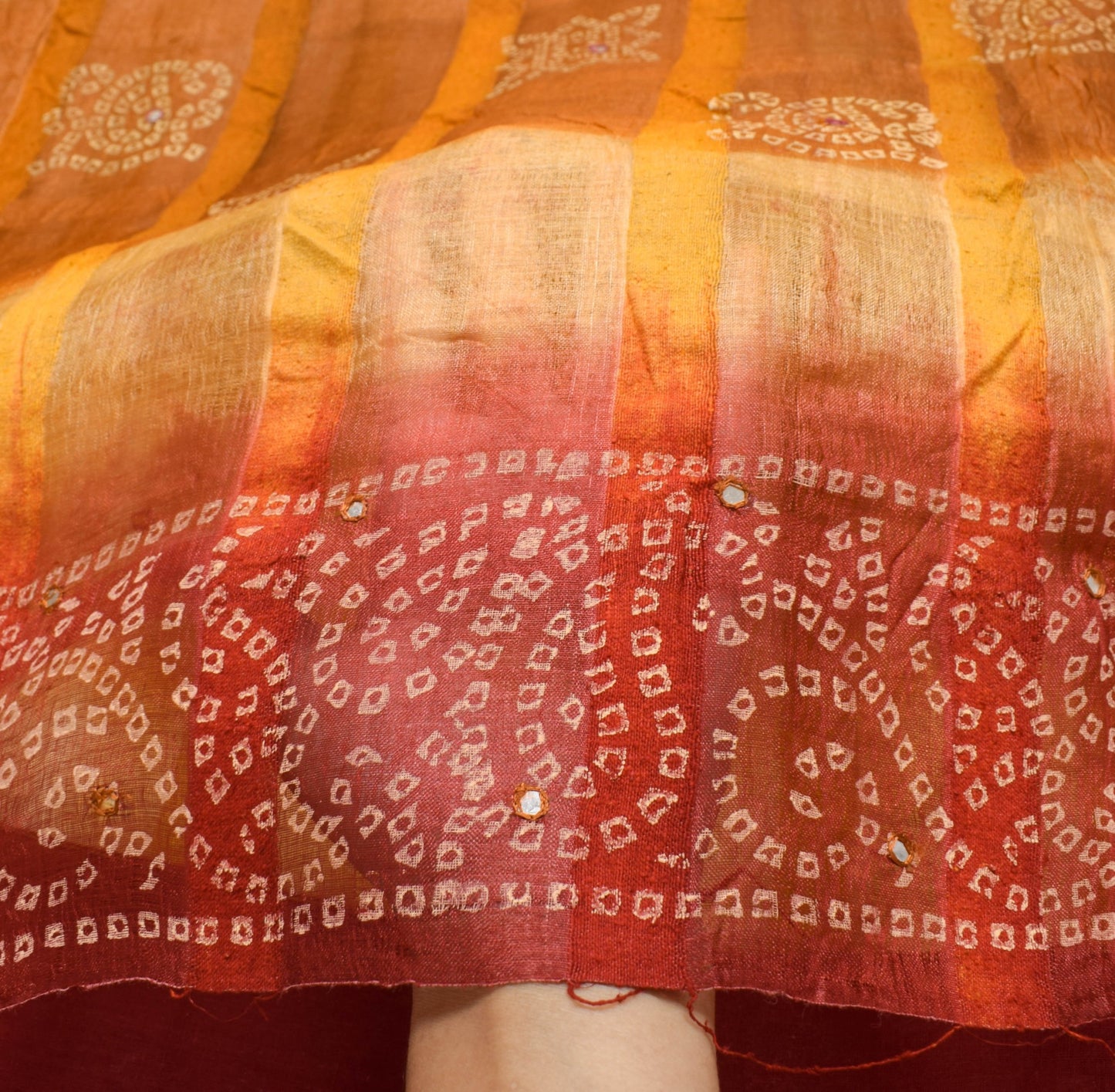 Sushila Vintage Rust Saree 100% Pure Silk Bandhani Mirror Work Sari Craft Fabric