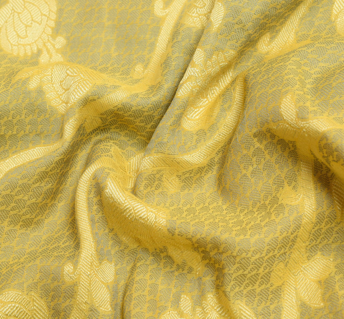 Sushila Vintage Yellow Saree Aer Silk All Over Woven Floral Sari Indian Fabric