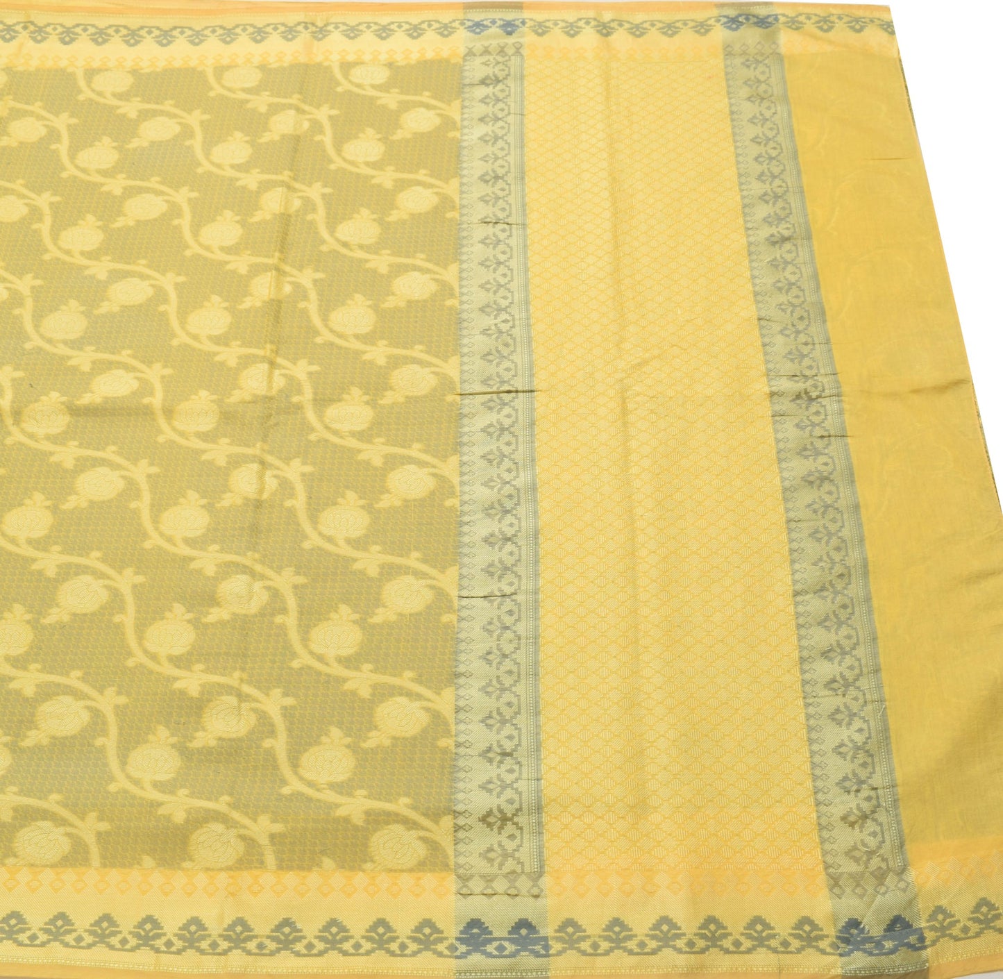 Sushila Vintage Yellow Saree Aer Silk All Over Woven Floral Sari Indian Fabric