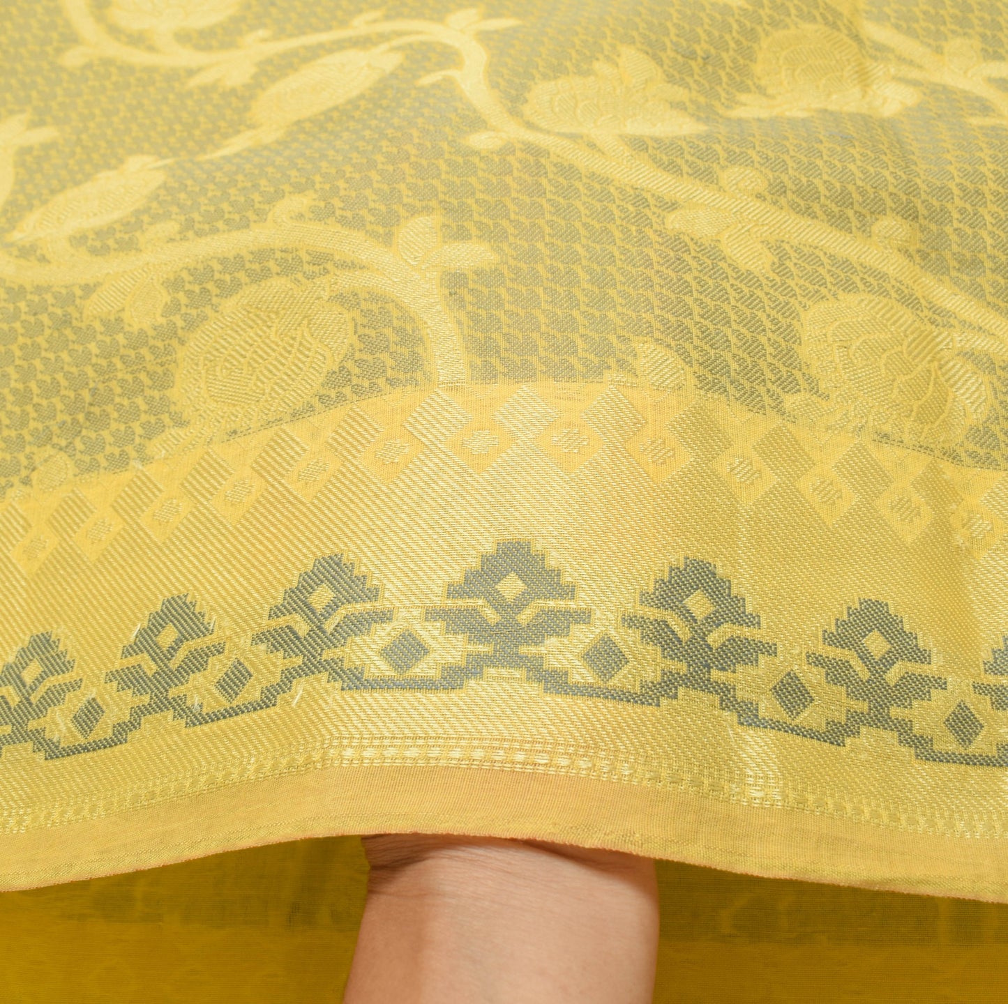 Sushila Vintage Yellow Saree Aer Silk All Over Woven Floral Sari Indian Fabric