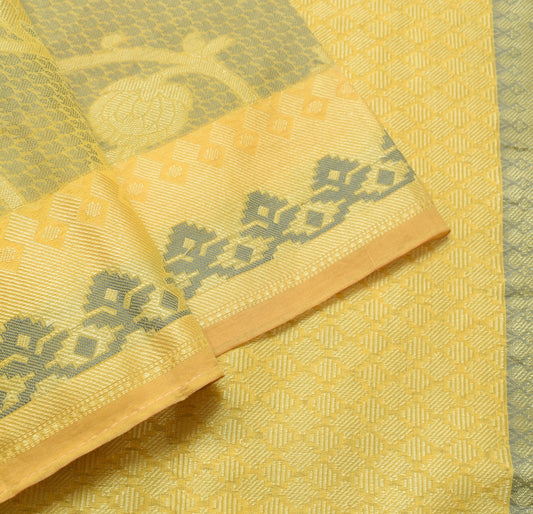 Sushila Vintage Yellow Saree Aer Silk All Over Woven Floral Sari Indian Fabric