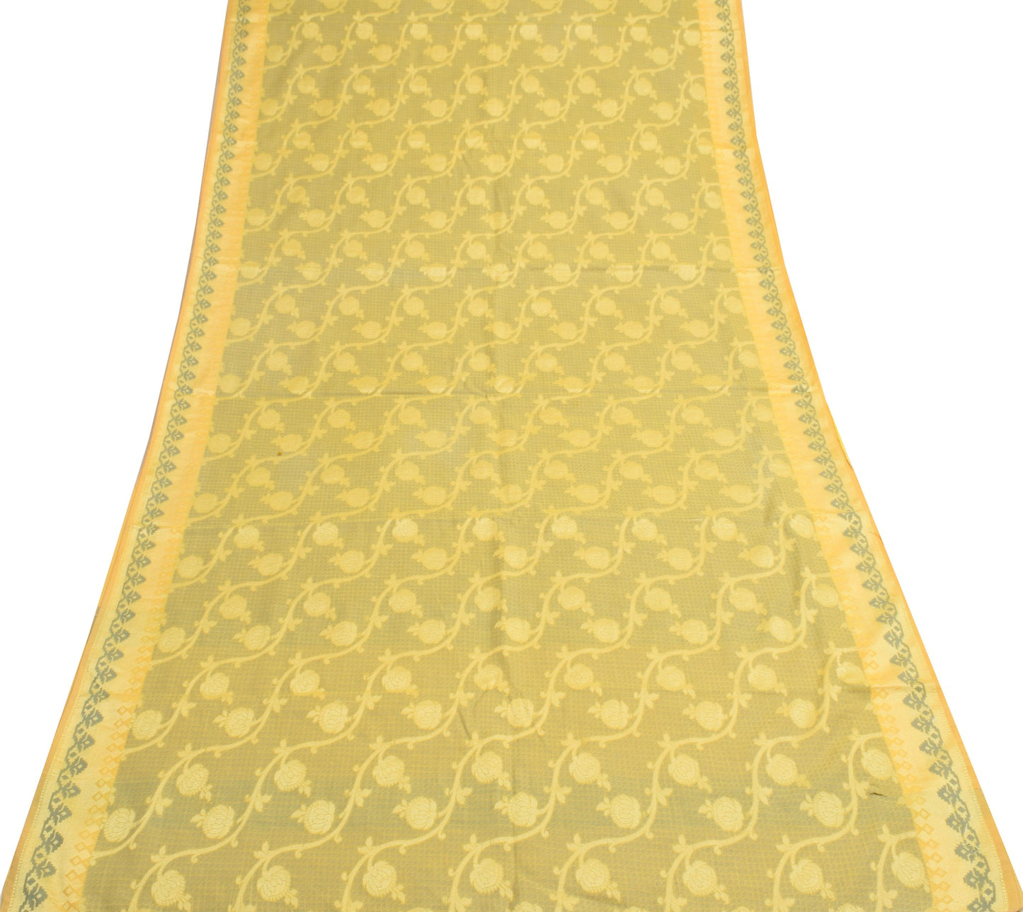 Sushila Vintage Yellow Saree Aer Silk All Over Woven Floral Sari Indian Fabric