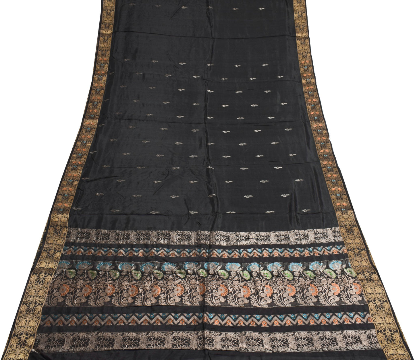 Sushila Vintage Black Zari Brocade Saree 100% Pure Silk Soft Floral Sari Fabric
