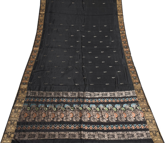 Sushila Vintage Black Zari Brocade Saree 100% Pure Silk Soft Floral Sari Fabric