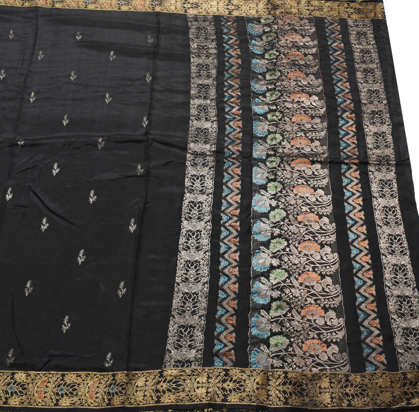 Sushila Vintage Black Zari Brocade Saree 100% Pure Silk Soft Floral Sari Fabric