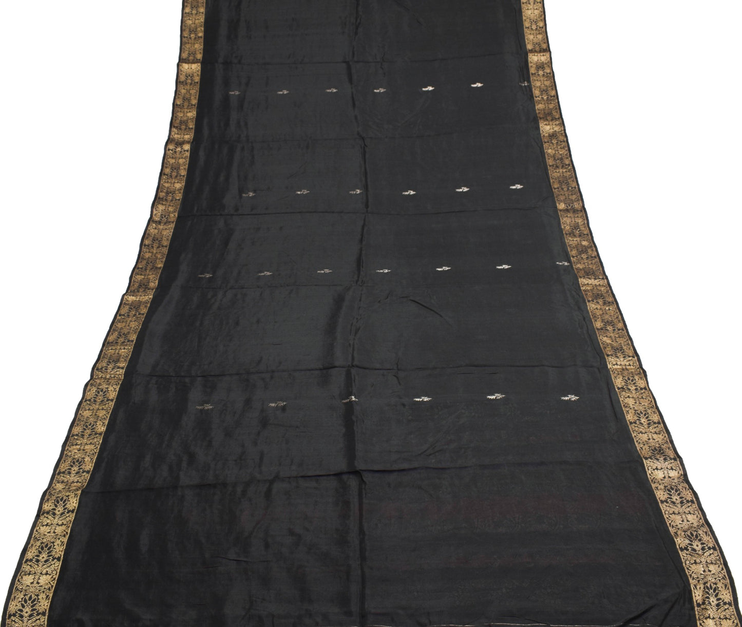 Sushila Vintage Black Zari Brocade Saree 100% Pure Silk Soft Floral Sari Fabric