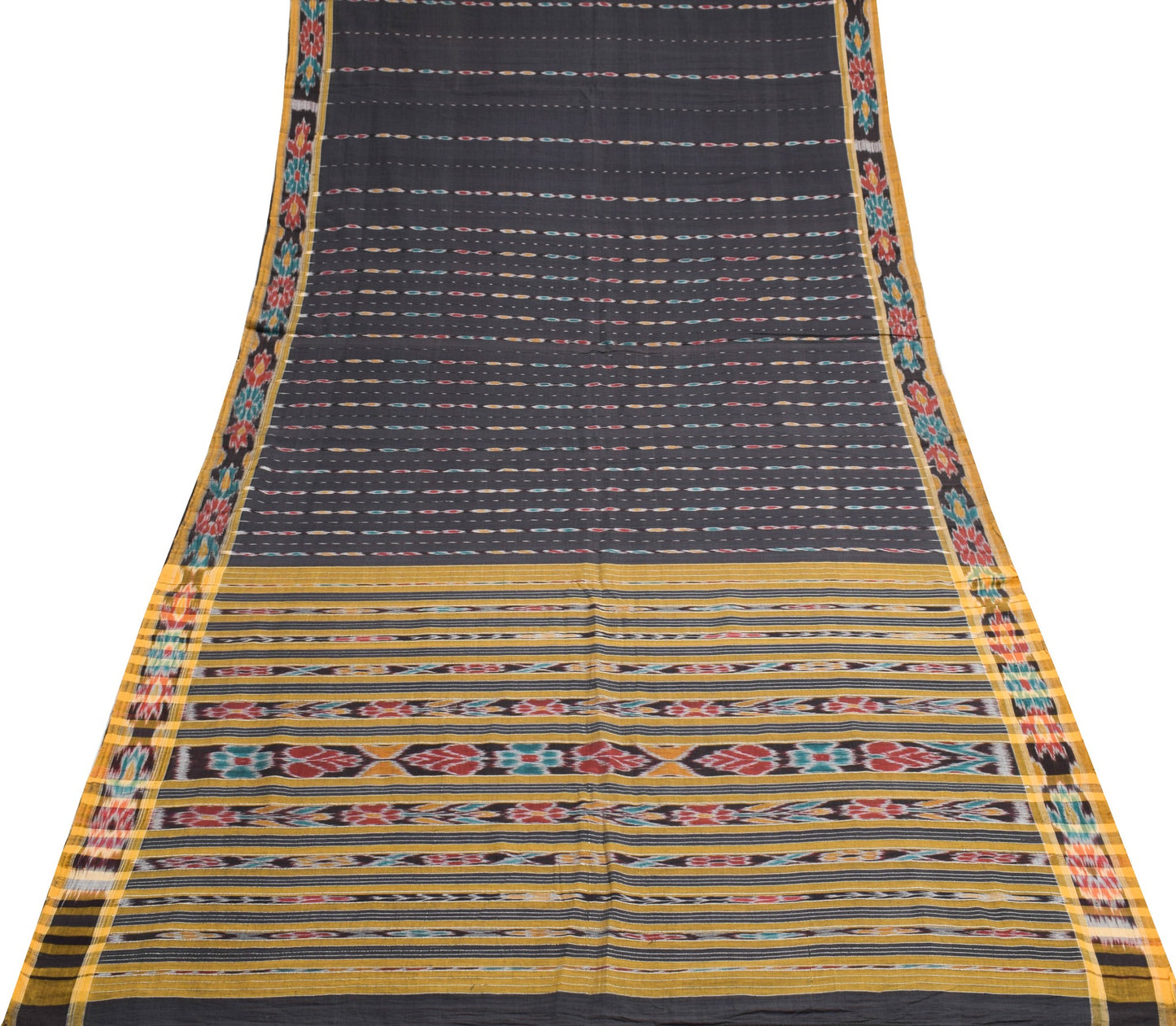 Sushila Vintage Black Saree Hand Woven Odisha Single Ikat Sari Cotton Fabric