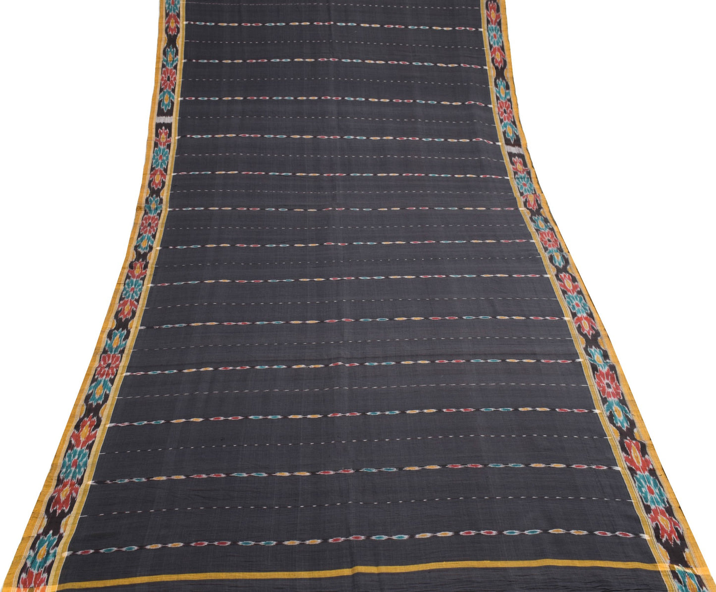 Sushila Vintage Black Saree Hand Woven Odisha Single Ikat Sari Cotton Fabric