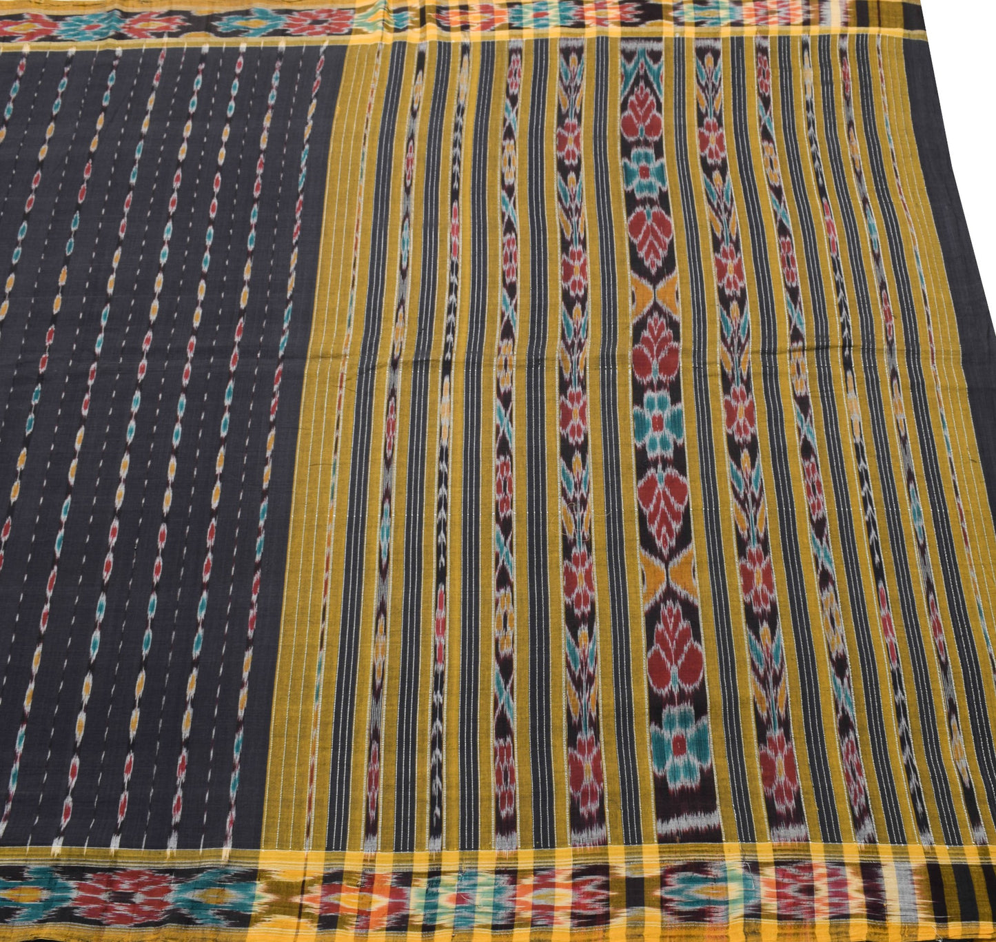 Sushila Vintage Black Saree Hand Woven Odisha Single Ikat Sari Cotton Fabric