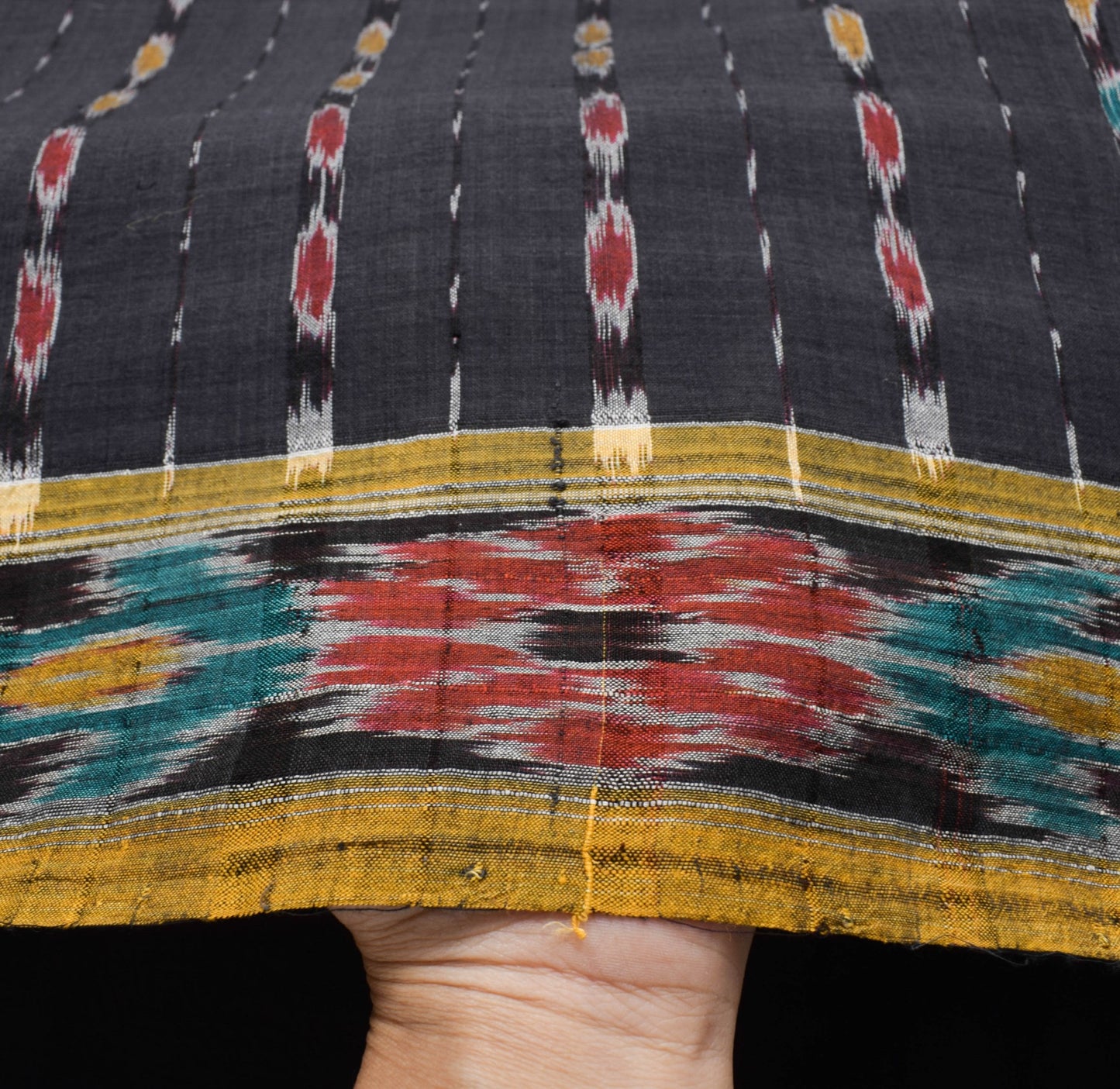 Sushila Vintage Black Saree Hand Woven Odisha Single Ikat Sari Cotton Fabric