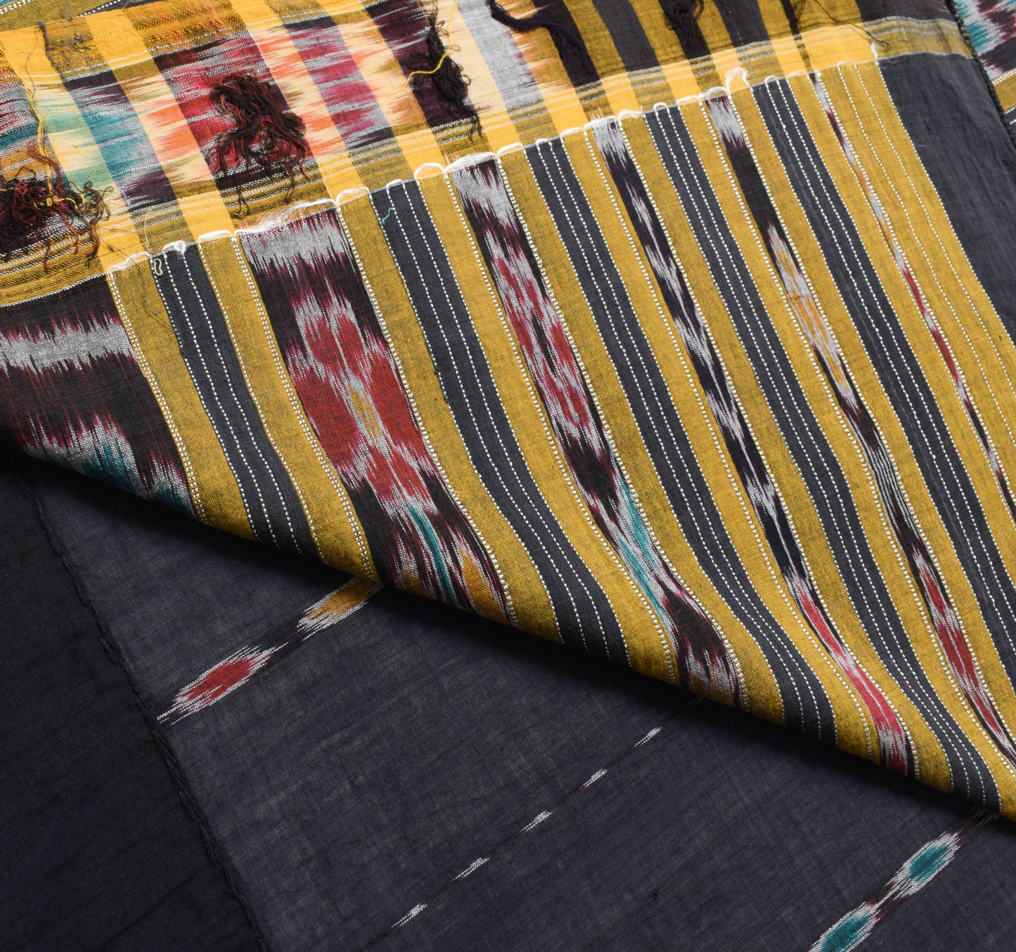 Sushila Vintage Black Saree Hand Woven Odisha Single Ikat Sari Cotton Fabric
