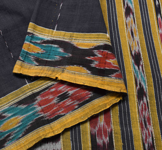 Sushila Vintage Black Saree Hand Woven Odisha Single Ikat Sari Cotton Fabric