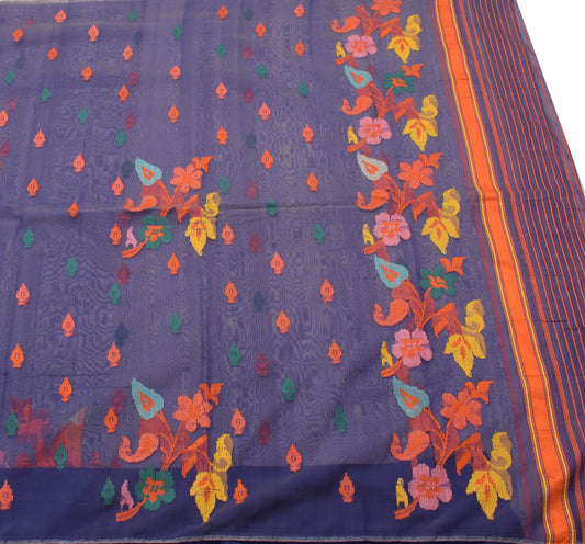 Sushila Vintage Shade of Blue Saree 100% Pure Silk Hand Woven Floral Sari Fabric