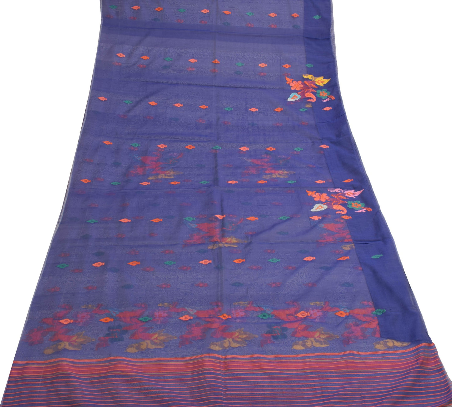 Sushila Vintage Shade of Blue Saree 100% Pure Silk Hand Woven Floral Sari Fabric