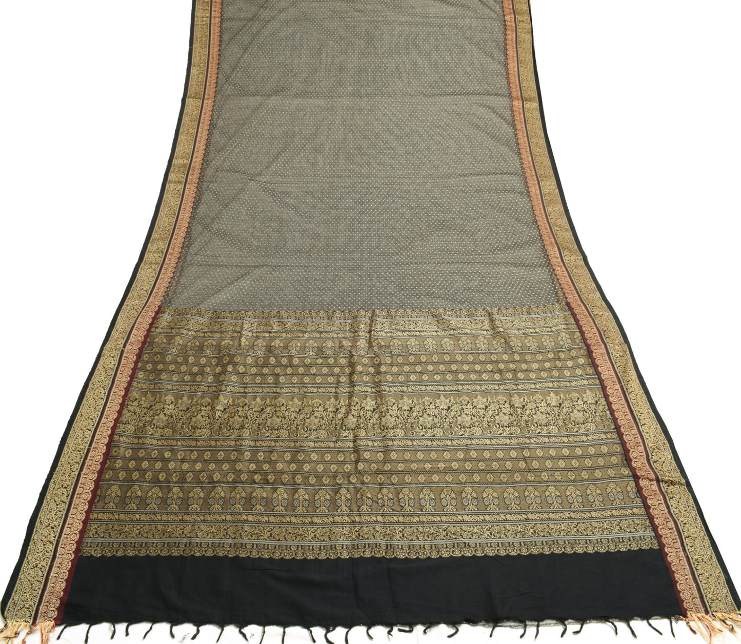 Sushila Vintage Black Net Saree Patch Work Woven Border Bollywood Sari Fabric