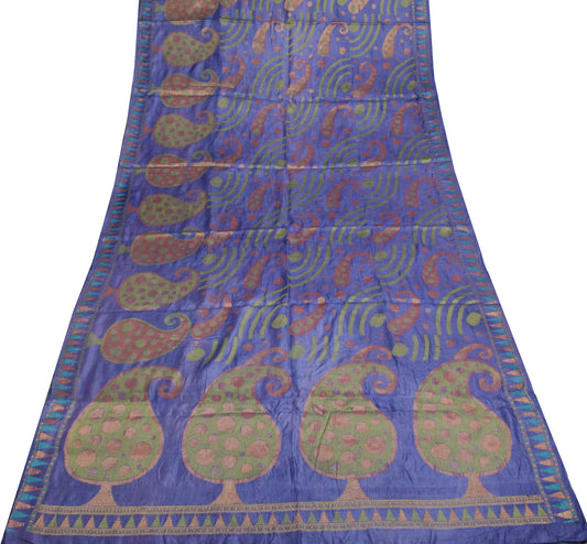 Sushila Vintage Purple Woven Saree 100%Pure Tussar Silk Paisley Sari Soft Fabric