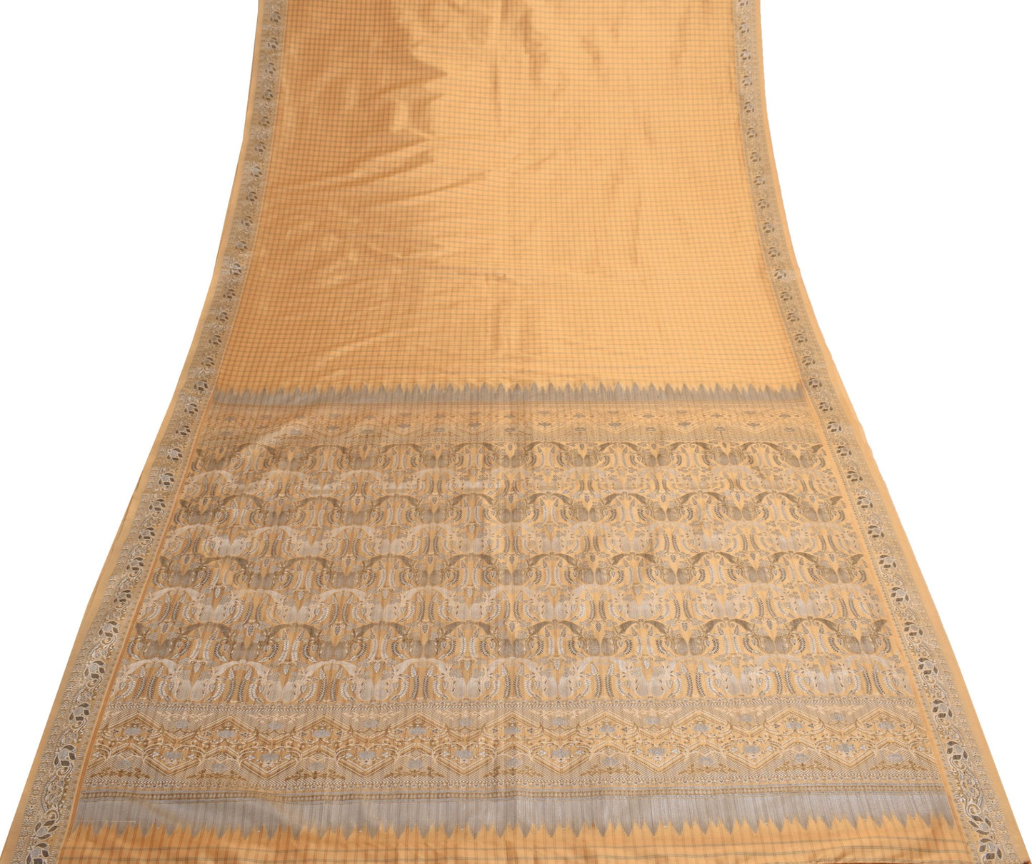 Sushila Vintage Peach Checks Saree Art Silk Woven Traditional Sari Craft Fabric